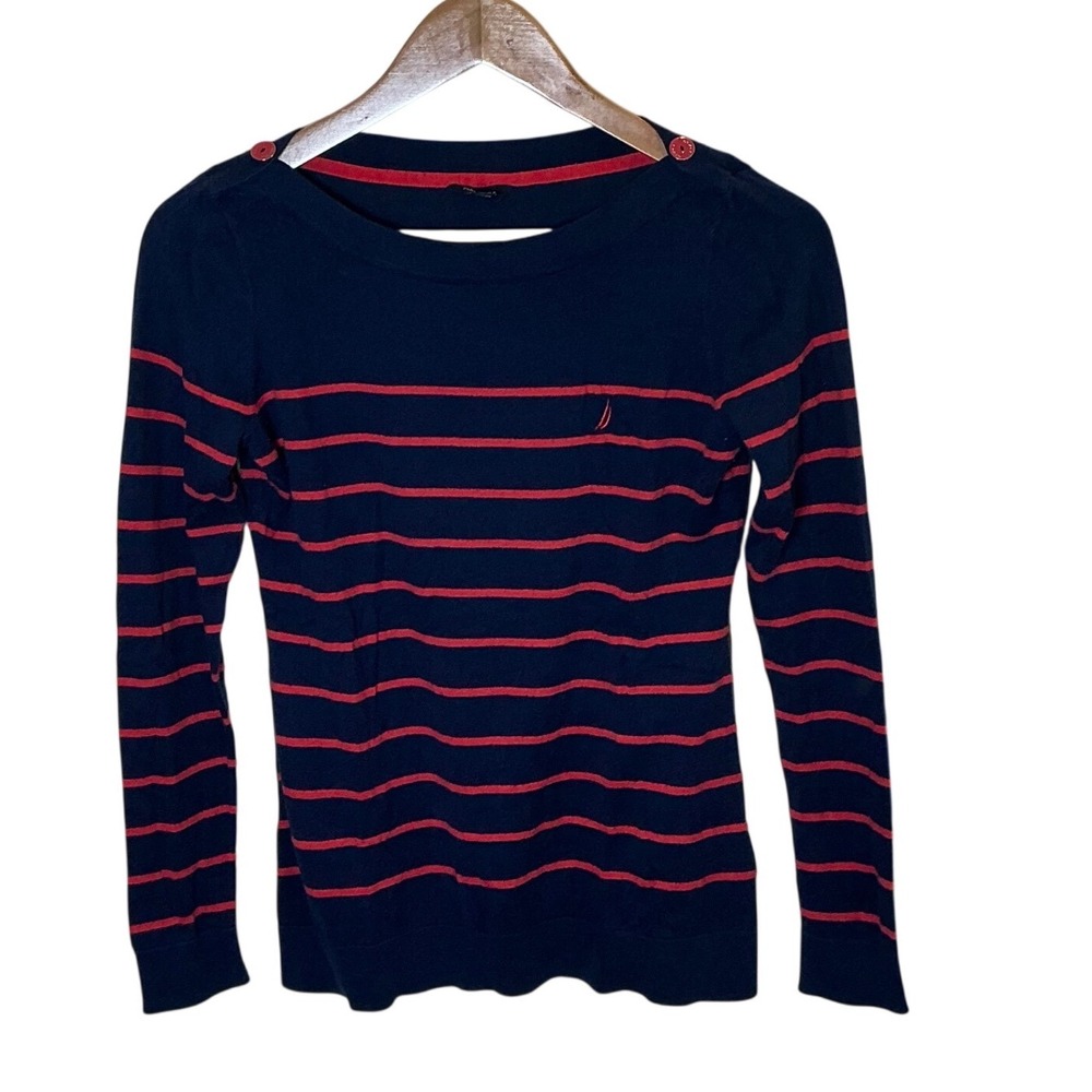 Nautica Women's M Navy Red Stripe Cotton Boat Neck Sweater Coastal Preppy Button